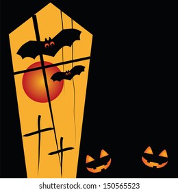 two pumpkins laughing in the shadows in halloween with two bats celebrating with them
