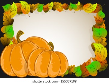 Two pumpkins on a background of autumn leaves. Halloween Greeting Card