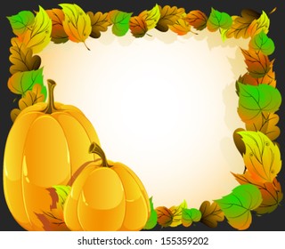 Two pumpkins on a background of autumn leaves. Halloween Greeting Card