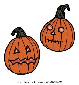 two pumpkins orange and green on white background. vector Halloween traditional holiday elements. Smiling and funny cartoon characters.