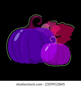 Two pumpkins in purple tones with leaves of different transparency isolated on a black background. Design element for abstract background, wallpaper, wrapping paper, fabric, textile