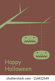 Two pumpkins tied to a branch. Simple graphic Halloween vector background.