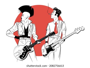 Two Punks With Electric Guitars Ion Stage N Sketch Style On Red Background.