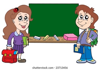 Two pupils with blackboard - vector illustration.