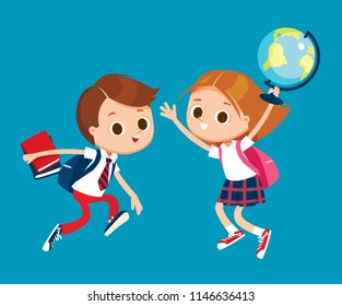 Two pupils jumping together, holding books and globe. Boy is holding books. Girl is holding globe. Vector illustration. Flat design.