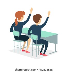 Two pupils raising hand and sitting at a school desk. Studying in classroom. Pupils in school uniform. Learning process. Schoolgirl and schoolboy personage. Vector illustration on white background