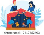 Two puppeteers control marionettes on stage, a fox and a bear, under a red curtain. Children s puppet theater performance vector illustration.