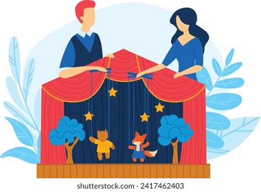 Two puppeteers control marionettes on stage, a fox and a bear, under a red curtain. Children s puppet theater performance vector illustration.