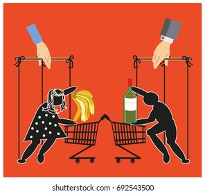 Two Puppets (Man and Woman) Buy Food and Beverages at the Supermarket, Slugging them into the Basket. Vector illustration