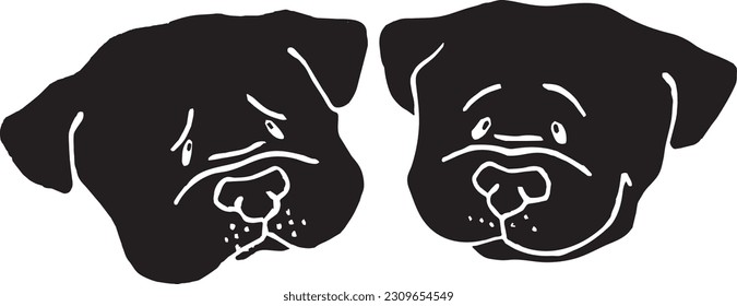 Two Puppies Dog Faces Together (Editable) - Vector Illustration