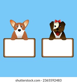 Two puppies holding displaying a blank white board banner poster. vector design illustration.