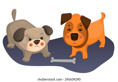 Two puppies are playing with a bone