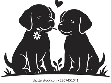 Two puppies sitting together with a flower silhouette