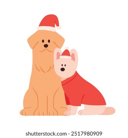 Two puppies wearing santa hats