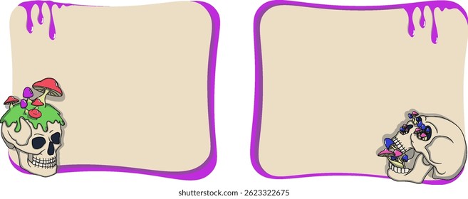 Two purple and beige text frame with a skull with mushrooms. Grungy and surreal design.
