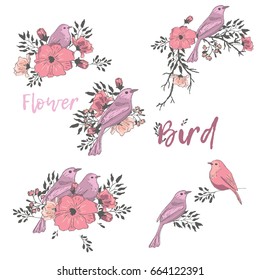 Two purple birds in pink flowers.  Birds and flowers. A collection of vector elements for design.
