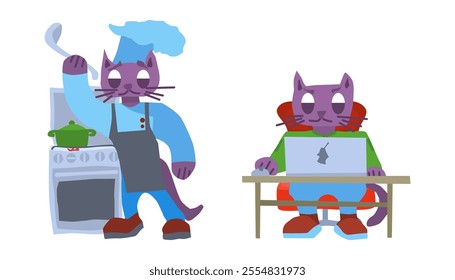 two purple cats one in the kitchen the other at the computer. vector stock image