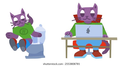 two purple cats are sitting one at work the other in the toilet. stock vector graphics image