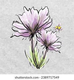 Two purple flowers and a bee. Hand drawing flower with water color texture.  