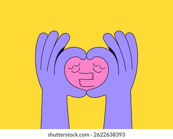 Two purple hands form a heart shape, cradling a pink heart with two peaceful faces hugging cartoon vector illustration for warmth and positivity to the loving scene