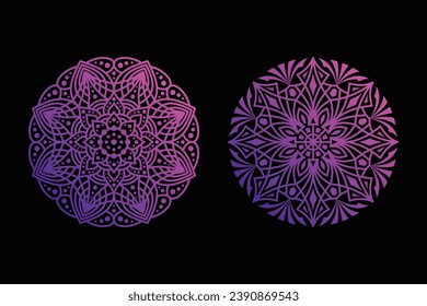 Zwei violette Mandalas auf dunkelschwarzem Hintergrund. Entworfen mit symmetrischen Mustern und komplexen Details. Der dunkschwarze Hintergrund bildet einen starken Kontrast zu den lebhaften violetten Farben