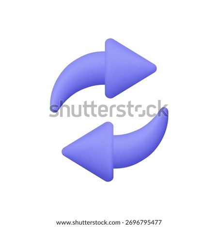 Two purple rounded arrows forming circular loop. Technology, business, refresh, reload, update, synchronization and process cycle concept. 3d vector icon. Cartoon minimal style.
