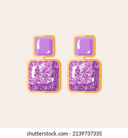 Two purple square earrings with glitter isolated on beige background. Flat style vector illustration