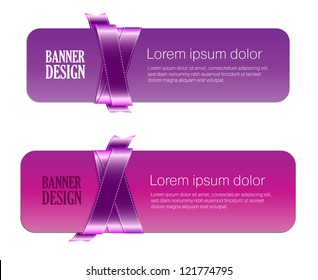 Two purple vector banners braided with silky glossy ribbons