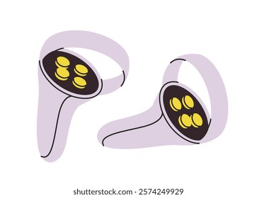 Two purple VR controllers with yellow buttons on a white background, drawn in a minimalist and modern style. Concept of gaming, technology, and virtual reality. Vector illustration