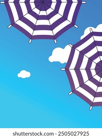 two purple and white umbrellas with a blue sky and clouds in the background.