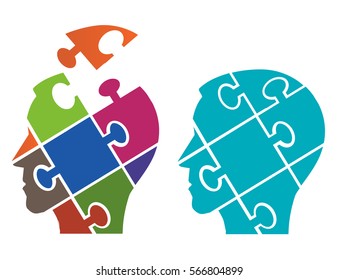 Two Puzzle heads silhouettes symbolizing Psychology, psychological problems.Vector available.