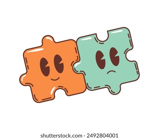 Two puzzle pieces, 70s 80s retro cartoon groovy characters and hippie symbols. Isolated vector playful orange and green jigsaw with happy and sad faces expressions, symbolizing connection and emotion