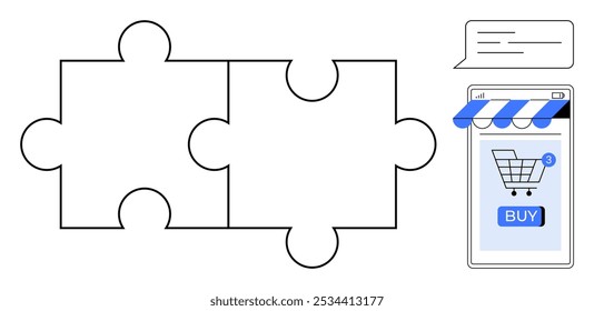 Duas peças de quebra-cabeça conectadas, um smartphone com um ícone de carrinho de compras e um botão COMPRAR sob um toldo, e uma bolha de bate-papo. Ideal para marketing digital, compras on-line, experiência do cliente, e-commerce