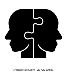Dos piezas de rompecabezas forman un icono sólido de cabeza humana. Símbolo de rompecabezas masculino, pictograma estilo glifo sobre fondo blanco. Firma creativa de negocio para concepto móvil y diseño web. Gráficos vectoriales