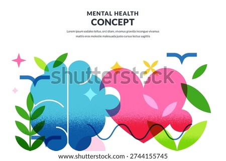 Two puzzle pieces in shape of brain and heart connected to each other. Vector flat geometric illustration. Mental health, emotional intelligence, balance, psychotherapy concept