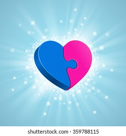 Two puzzles are forming a whole heart; glow, sparkles and rays around, on blue background. Blue male part and pink female part, heterosexual couple. Love concept