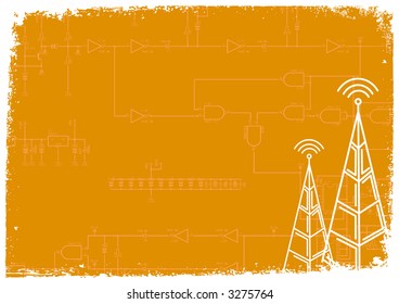 Two pylons over electronic circuit scheme - orange background (vector, illustration)