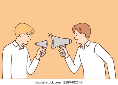 Two quarreling men with megaphones dressed in business attire nervously discussing ways to solve corporate problems at meeting. Violation of subordination negatively affecting business processes