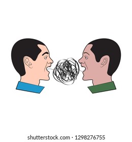 Two quarreling men, verbal aggression, conflict icon. Vector illustration