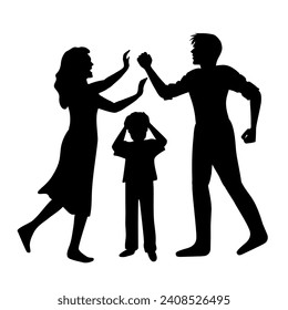 Two quarreling silhouettes of aggressive man and frightened woman and boy. Domestic violence, drunkenness, social and psychological and physical problems. To inform the population