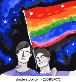 Two queer people holding pride flag in the night sky, watercolor on paper