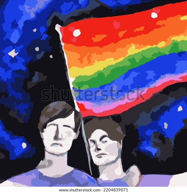 Two Queer People Holding Pride Flag Stock Vector Royalty Free