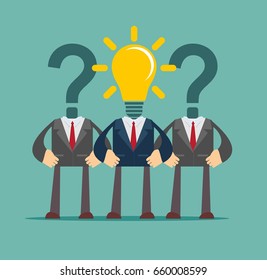 Two question mark headed businessmen behind light bulb headed man . Idea and leadership concept
