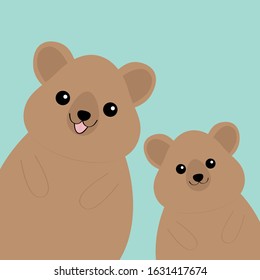 Two Quokka Head Face Silhouette Family Set. Pink Blush Cheeks. Cute Cartoon Funny Pet Baby Character. Funny Kawaii Smiling Animal. Happy Valentines Day. Flat Design Blue Background. Vector