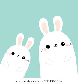 Two rabbit bunny in the corner. Friends forever. Cute cartoon kawaii funny baby character set. Happy Easter. Farm animal. Blue pastel background. Flat design. Vector illustration