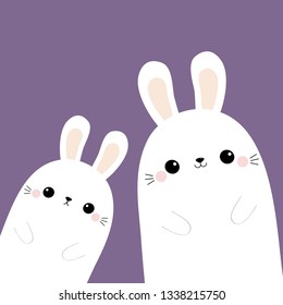 Two rabbit bunny in the corner. Happy Easter. Friends forever. Cute cartoon kawaii funny baby character set. Farm animal. Violet pastel background. Flat design. Vector illustration