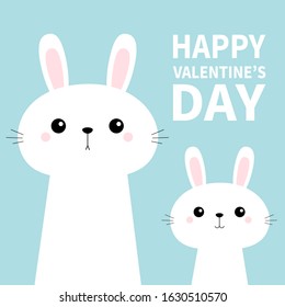 Two rabbit bunny set in the corner. Happy Valentines Day. Friends forever. Cute cartoon kawaii funny baby kids character. Happy Easter. Farm animal. Blue pastel background. Flat design. Vector