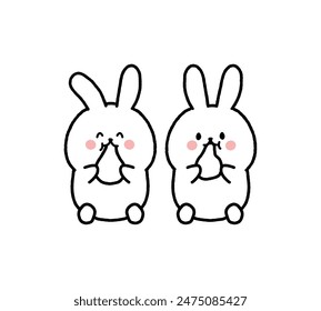 Two rabbit characters facing forward and eating mochi.