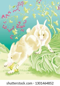 two rabbit in green colors