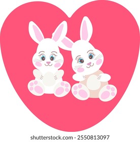 Dos corazones de conejo, día de San Valentín, pareja de bebés, tarjeta rosa